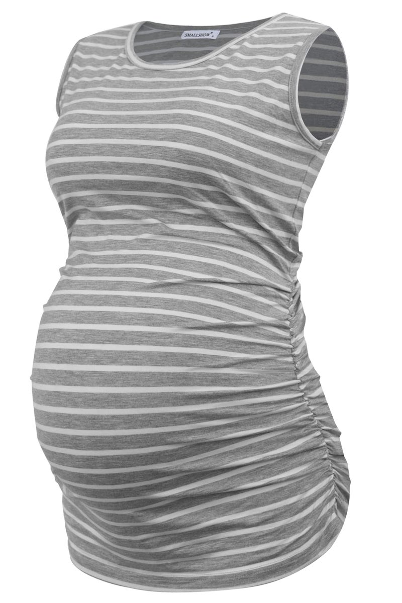 Smallshow Women's Maternity Tank Tops Sleeveless Ruched Pregnancy Clothes Black/Light Grey/Grey Stripe Medium 3-Pack - Image 2
